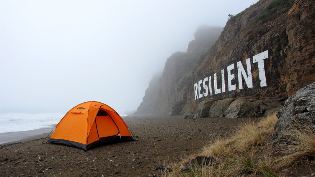 Wide shot of a lone TETON Sports Vista Quick Tent firmly anchored on a windswept clifftop campsite, its sturdy structure defying the gusty conditions, with "RESILIENT" written in large bold font on a nearby rock face.