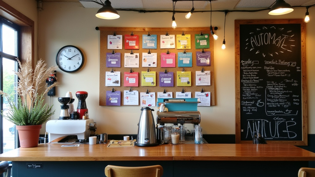 Wide shot of a quaint coffee shop interior with a cork board displaying colorful email templates and a wall clock, subtly conveying the concept of automated scheduling, with "AUTOMATE" written in large bold font on a chalkboard menu