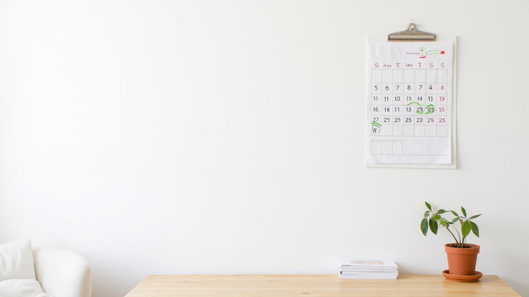A minimalist desk with a wall calendar marked with circled dates, suggesting an email scheduling system, and a small potted plant representing campaign growth