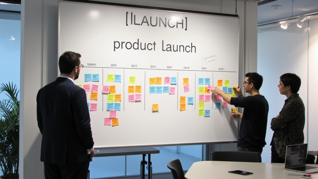 Wide shot of a modern office space with a prominent whiteboard displaying a product launch timeline using colorful markers and sticky notes, while two people stand nearby, intently studying the board; there's "[LAUNCH]" written with large bold font on the top of the whiteboard