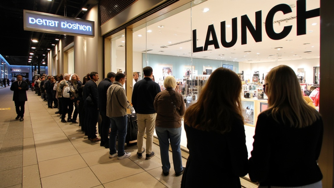 Medium shot of a store entrance with a long queue stretching outside, focusing on two excited individuals at the front looking expectantly towards the door, with "LAUNCH" written in large bold font on the storefront window