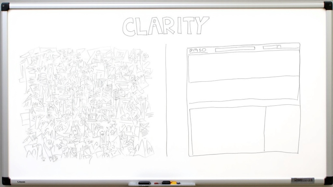 A wide shot of a large whiteboard split down the middle, contrasting a chaotic, crowded webpage sketch on the left with a clean, spacious layout on the right, with "CLARITY" written in large bold font at the top