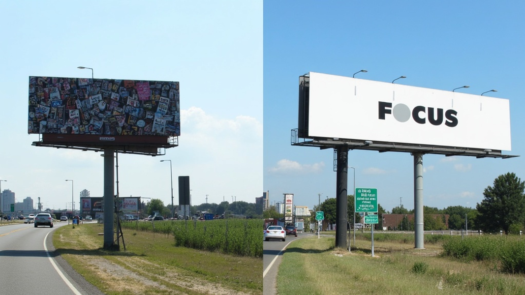 A side-by-side comparison of a cluttered roadside billboard transforming into a sleek sign with a single, bold message, with "FOCUS" written in large bold font on the simplified version