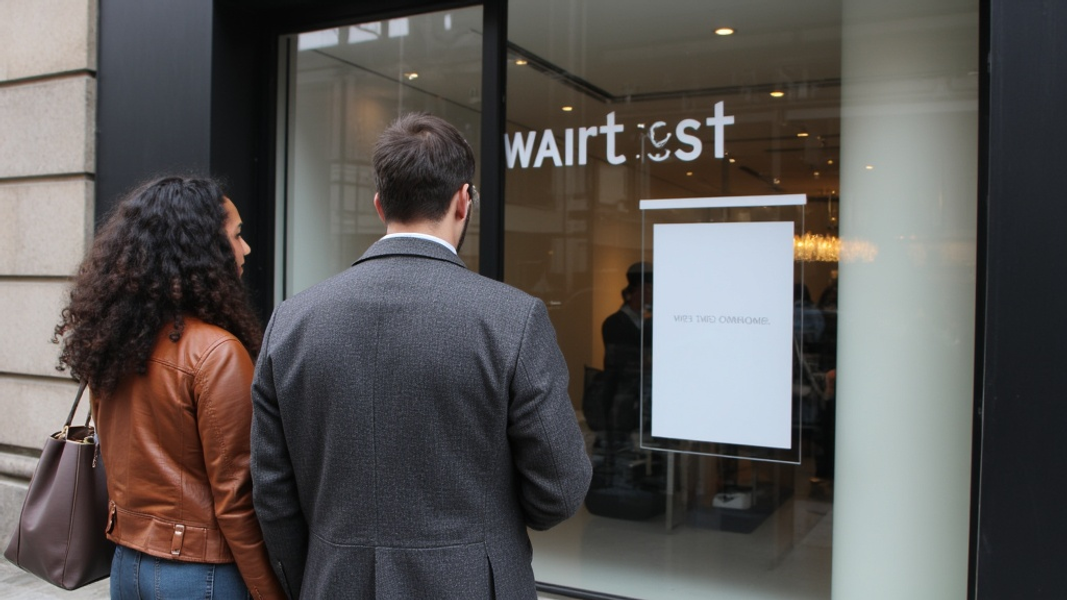 Medium shot of two diverse individuals standing calmly outside a sleek tech store facade, their eyes drawn to a simple poster in the window, with "WAITLIST" written in large bold font on the storefront glass