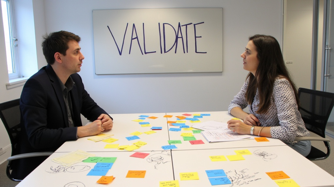 Wide shot of a bright meeting room with a large table covered in colorful sticky notes and hand-drawn sketches, focusing on two people engaged in animated discussion, with "VALIDATE" written in large bold font on the whiteboard behind them