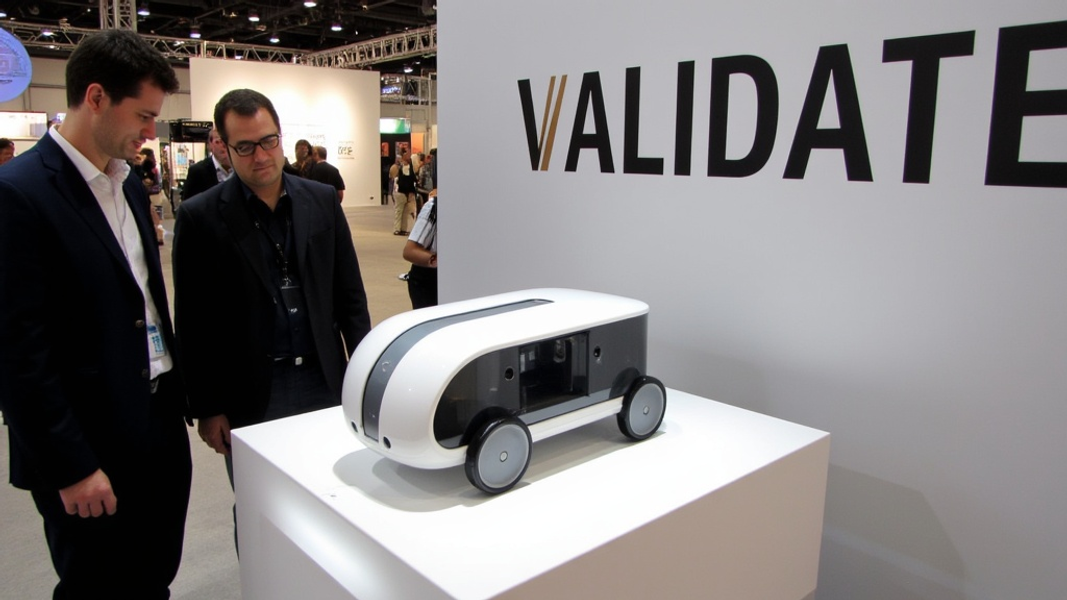 Close-up of a sleek prototype on a simple pedestal at a trade show booth, with an entrepreneur and attendee standing nearby, their gazes fixed on the product, while there's written "VALIDATE" with large bold font on the booth's backdrop