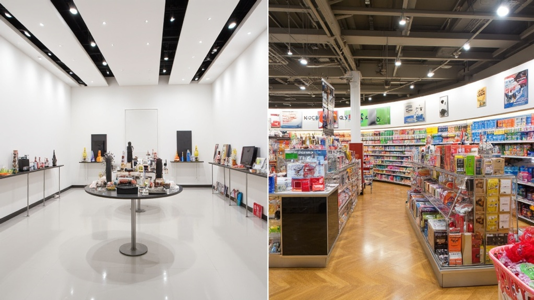 A side-by-side image showing a minimalist showroom with large product displays on the left, contrasted with a vibrant, organized shop featuring multiple sections and clear signage on the right