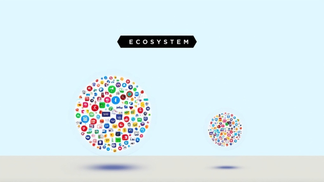 A wide shot of two floating circles, one large and densely packed with colorful app icons, the other smaller with fewer icons, visually representing Shopify and Squarespace's integration ecosystems, with "ECOSYSTEM" written in large bold font on a banner above