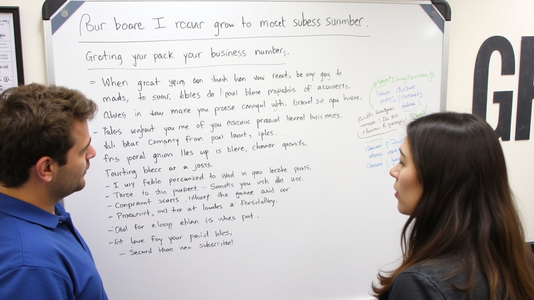 Close-up of a whiteboard covered in tiny notes about growing subscriber numbers, with two business owners standing nearby, their attention focused on the information as if studying a tutorial, and there's written "GROW" with large bold font on the corner of the whiteboard