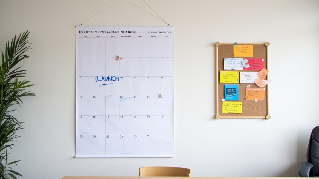 Wide shot of a minimalist office space with a large wall calendar marked with product launch milestones and a pinboard displaying colorful cards with marketing ideas, there's "[LAUNCH]" written with large bold font on the calendar