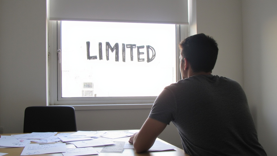Wide shot of a minimalist office space with a single person staring out a window, surrounded by scattered papers with handwritten A/B test notes, and there's written "LIMITED" with large bold font on the window