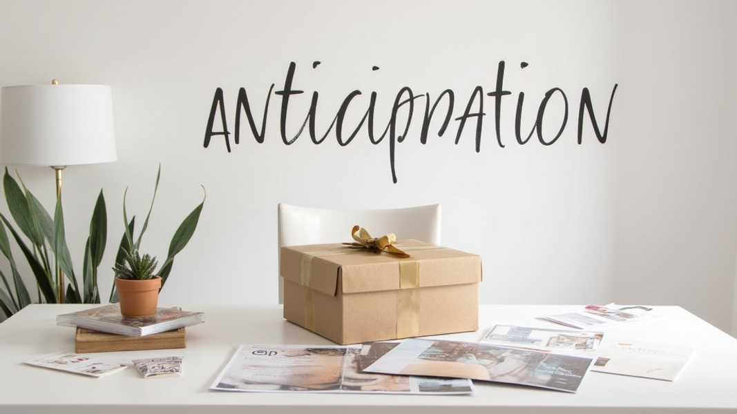 Wide shot of a pristine home office with a prominent unboxing area, featuring an unopened, elegant package and subtle promotional materials scattered on the desk, with "There's written "ANTICIPATION" with large bold font on the wall" seamlessly added for clarity