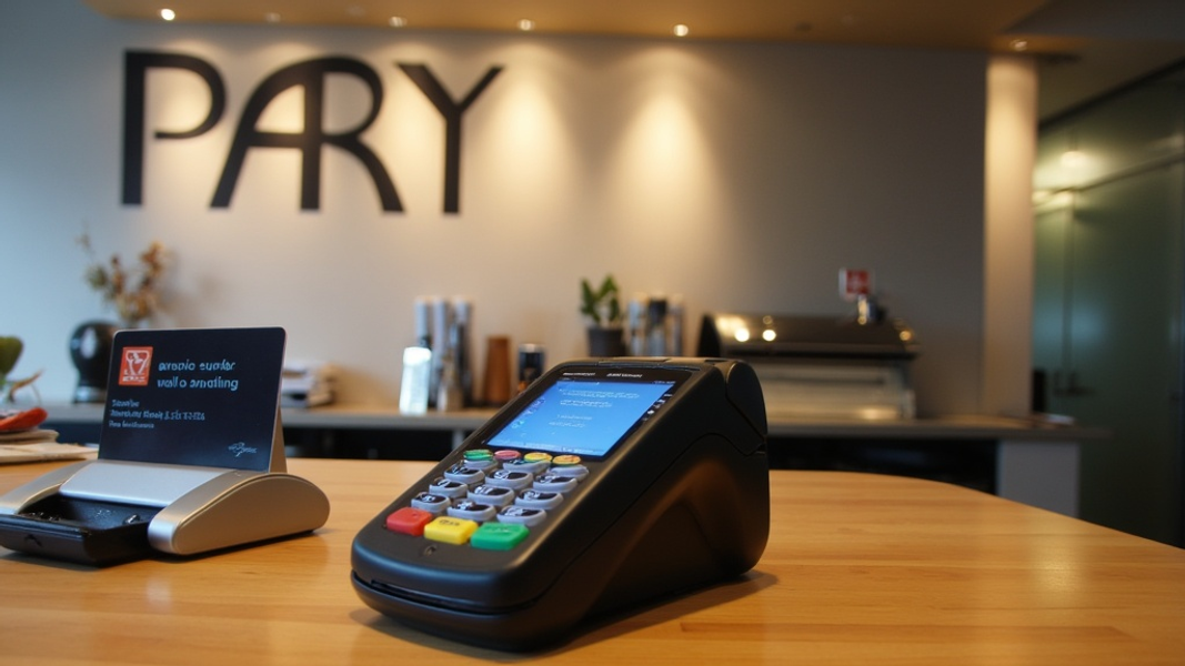 Medium shot of a sleek payment terminal on a modern cafe counter, with a stylish card holder nearby, suggesting innovative transaction methods; there's written "PAY" with large bold font on the wall behind the counter