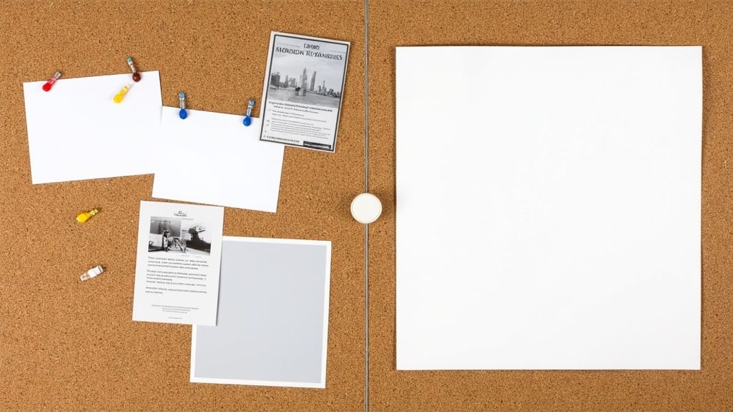 A divided cork board showcases various design elements pinned on the left side and a clean, minimalist poster layout on the right, with a prominent button in the center