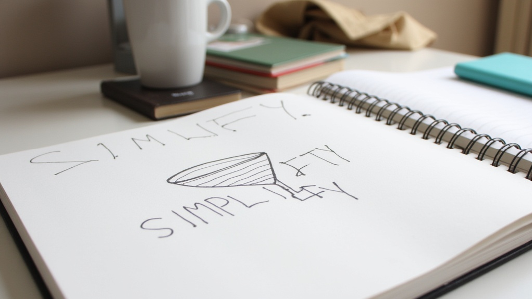 Close-up of an open notebook on a desk, displaying a simple hand-drawn funnel diagram, with a coffee mug nearby, there's written "SIMPLIFY" with large bold font on the notebook cover