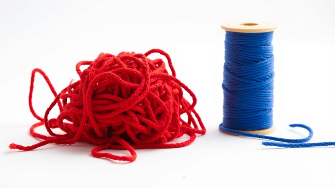 Close-up of a tangled ball of red yarn next to a neatly wound blue spool on a white surface, symbolizing the complexity of Kartra versus the simplicity of its alternatives