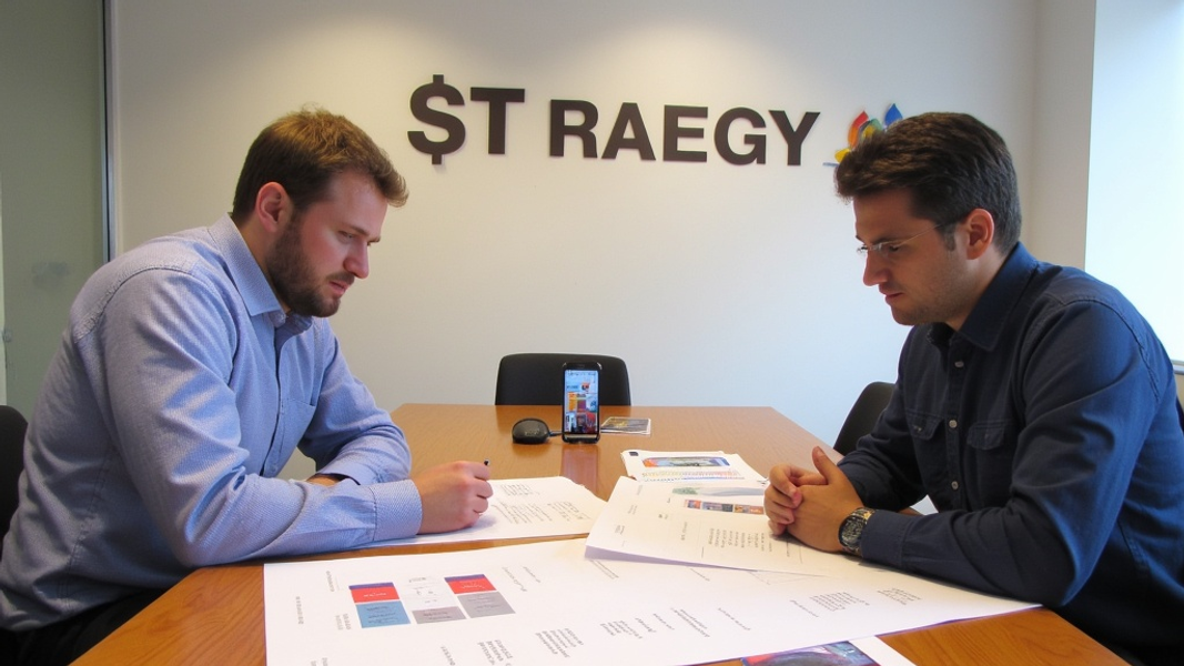 Wide shot of a meeting room with two team members reviewing a physical launch report spread across a table, and there's written "STRATEGY" with large bold font on the wall behind them