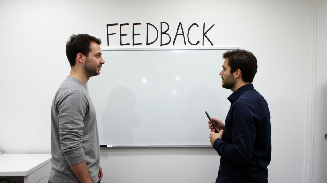 Wide shot of a minimalist office space with two developers engaged in conversation near an empty whiteboard, their expressions conveying deep concentration on the topic at hand, with "FEEDBACK" written in large bold font on the whiteboard behind them