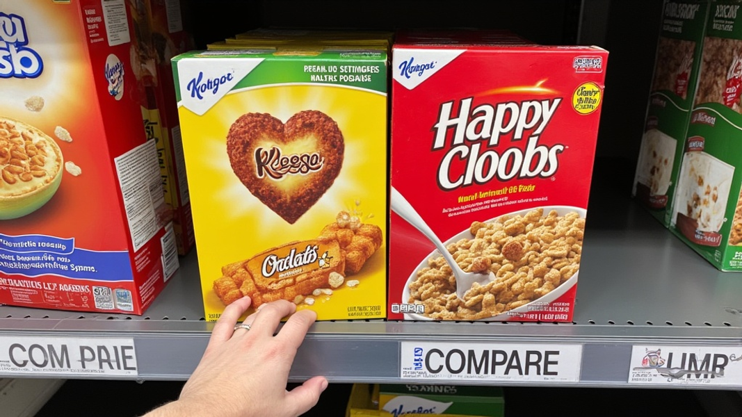 Close-up of two contrasting cereal box designs on a supermarket shelf, with a shopper's hand hovering between them, as if deciding which to choose, and there's written "COMPARE" with large bold font on the shelf edge