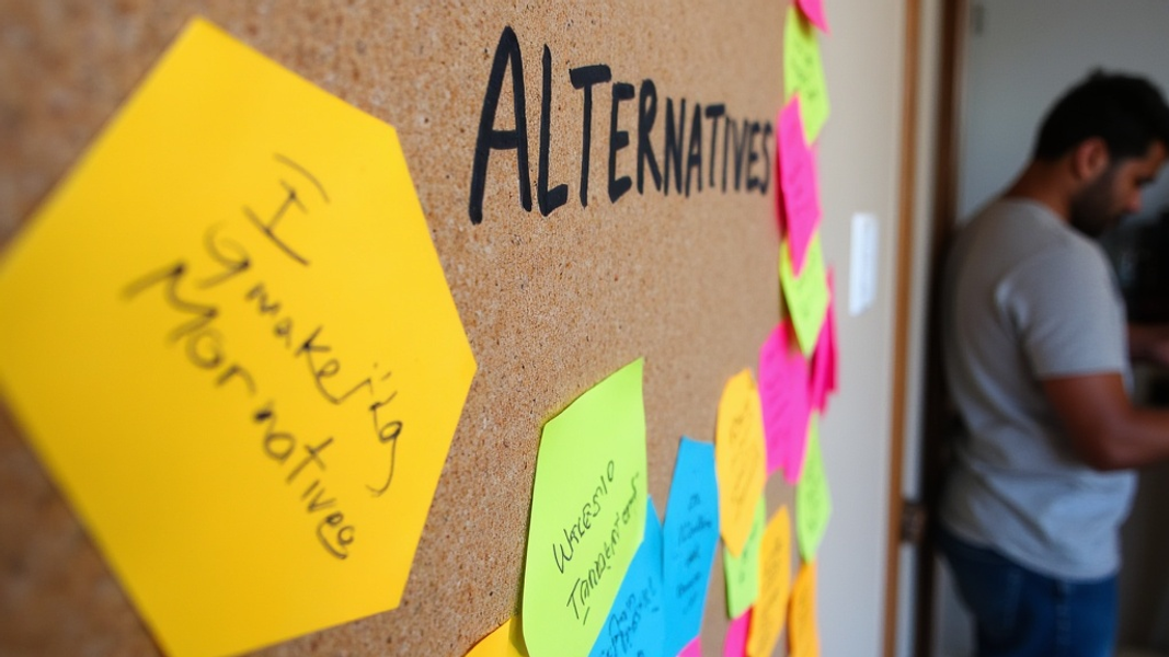 Close-up of a cork board filled with vibrant sticky notes containing marketing ideas, with a blurred figure in the background suggesting website development, and there's written "ALTERNATIVES" with large bold font on the top of the board