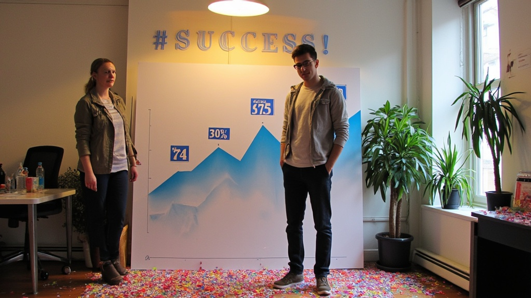 A cozy startup space with confetti scattered around two individuals standing near a large poster displaying growing numbers, with "SUCCESS" written in large bold font on the wall behind them