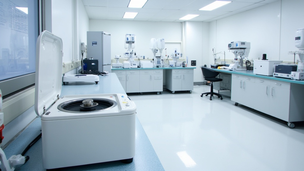 Wide shot of a pristine laboratory with various scientific instruments neatly arranged on benches, focusing on a centrifuge in the foreground, conveying a sense of order and precision in validation processes