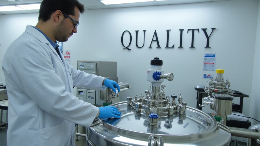 Medium shot of a scientist carefully adjusting dials on a large stainless steel bioreactor in a modern pharmaceutical production facility, with "QUALITY" written in large bold font on the wall behind
